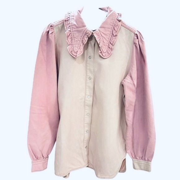 Ganni Ruffled Two-Tone Lilac Lavender Pink Denim Shirt Top Jacket Shacket NEW - Picture 7 of 12